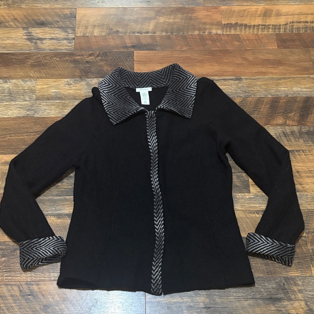 LAURA ASHLEY‎ 100% Wool Snap Black Jacket White Gray Accent